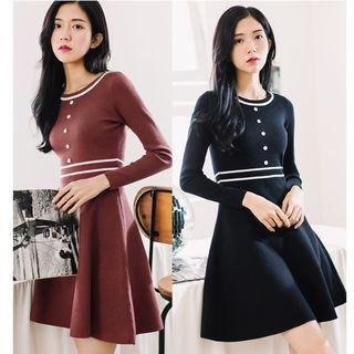Striped Long-sleeve A-line Knit Dress
