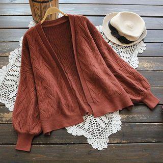 Puff-sleeve Plain Knit Cardigan