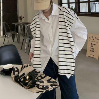 Long-sleeve Polo-collar Mock Two-piece Shawl Panel Top