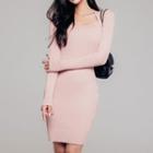 Long-sleeve Square-neck Knit Mini Sheath Dress Pink - One Size
