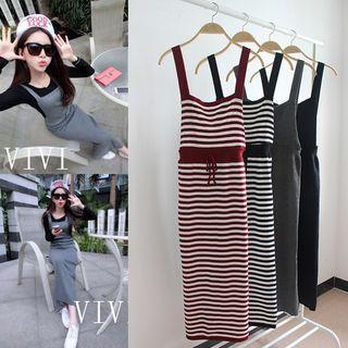 Drawstring Waist Knitted Midi Pinafore Dress