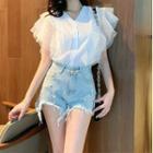 Ruffled Short-sleeve Blouse / Distressed Denim Hot Pants