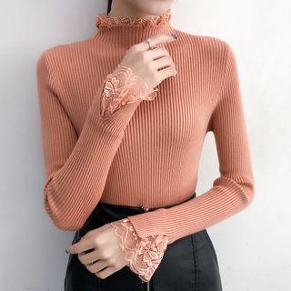 Mock-neck Lace Trim Knit Top