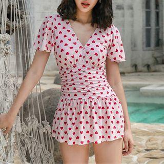 Short-sleeve Heart Print Swim Dress