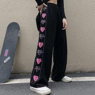 High-waist Heart Print Loose-fit Wide-leg Jeans