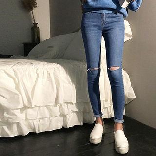 Slit-knit Washed Skinny Jeans