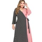 Plus Size Long-sleeve Striped Panel Sashed Midi A-line Dress