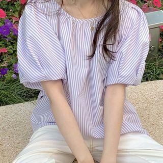 Striped Puff-sleeve Blouse Stripe - Purple - One Size