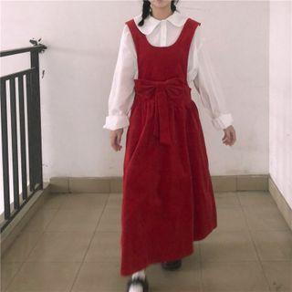 Set : Long-sleeve Peter Pan Collar Plain Shirt + Plain Corduroy Bow Jumper Skirt