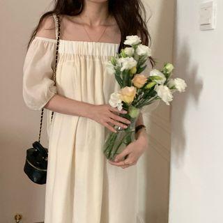 Short-sleeve Cold Shoulder Midi Smock Dress Almond - One Size