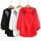 Long-sleeve Embroidered Flower Chiffon Blouse