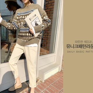 Patterned Wool Blend Sweater Brown - One Size