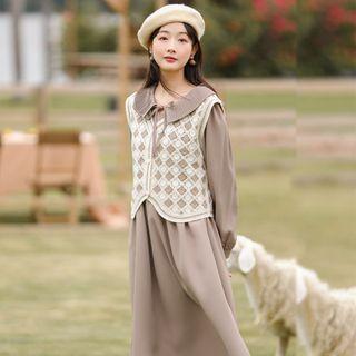 Set: Puff-sleeve Collar A-line Dress + Lace Vest