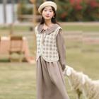 Set: Puff-sleeve Collar A-line Dress + Lace Vest