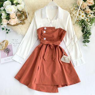 Mock Two-piece Tie-waist Long-sleeve Dress