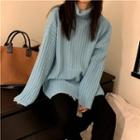 Long-sleeve High-neck Plain Knit Sweater Blue - One Size