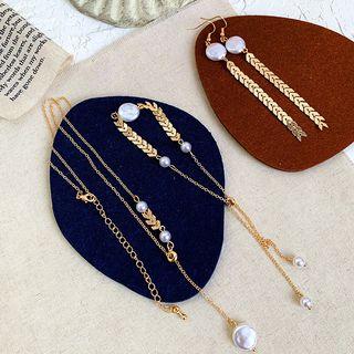 Set: Faux Pearl Necklace + Bracelet + Dangle Earring