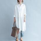 Long-sleeve Plain Slit Long Shirt White - One Size