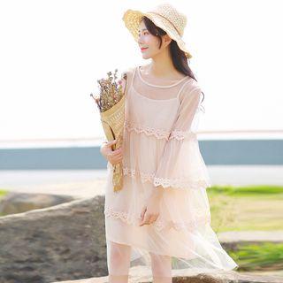 Set: Slipdress + 3/4-sleeve A-line Sheer Dress