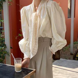 Bell-sleeve Bow-accent Cut-out Shirt Almond - One Size