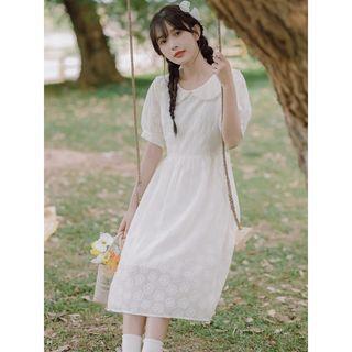 Short-sleeve Wide Collar Floral Midi Smock Dress