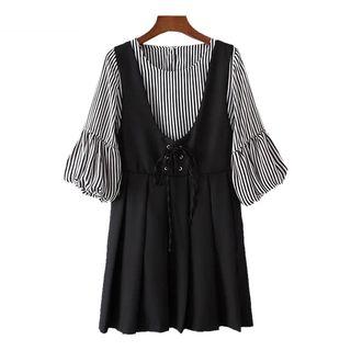 Set: Elbow-sleeve Striped Top + Pleated Jumper Dress
