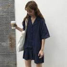 Pinstriped Elbow-sleeve Shirt Dress Navy Blue - One Size