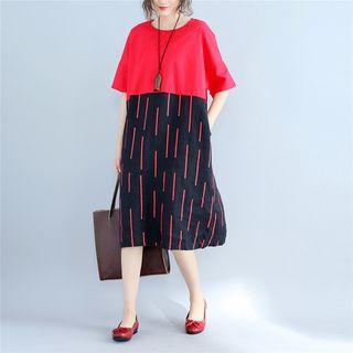 Short-sleeve Color Block Midi A-line Dress