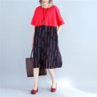 Short-sleeve Color Block Midi A-line Dress