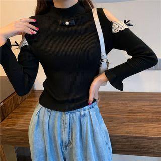 Mock-neck Off Shoulder Lace Bow Knit Long-sleeve Top