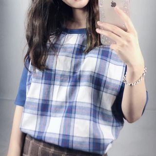 Relgan-sleeve Plaid Short-sleeve Top