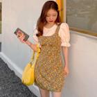 Short-sleeve Blouse / Sleeveless Floral Print Mini Sheath Dress