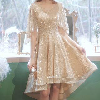 Short-sleeve Glitter A-line Cocktail Dress