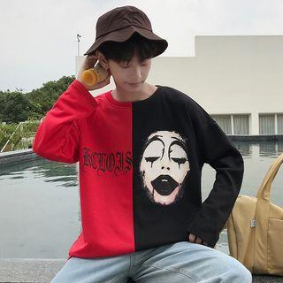Long Sleeve Color Block Panel Print T-shirt