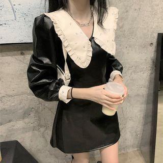 Long-sleeve Frill Trim Mini A-line Faux Leather Dress