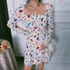 Color Splash Square-neck Long-sleeve Mini A-line Dress