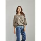 3/4-sleeve Letter Embroidered Pullover Brown - One Size