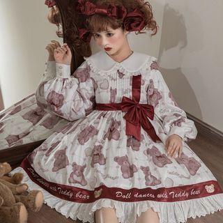 Lantern-sleeve Bear Print A-line Dress