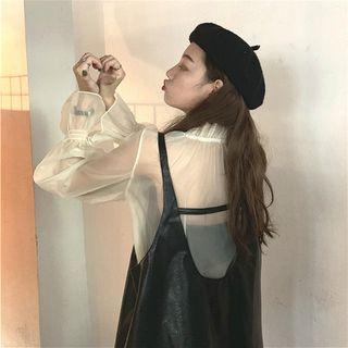 Frilled See-through Long-sleeve Blouse / Faux-leather Sleeveless Dress