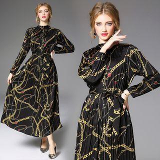 Printed Long-sleeve Midi A-line Dress As Shown In Figure - One Size