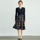 Band-waist Lace-overlay Skirt Black - One Size