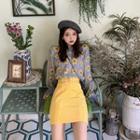 Flower Print Long-sleeve Top / Plain High-waist Skirt