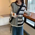 Long-sleeve T-shirt / Striped Vest / Midi A-line Denim Skirt
