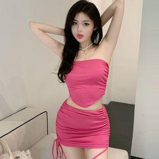 Set: Plain Tube Top + Drawstring Mini Pencil Skirt Tube Top - Pink & Skirt - Pink - One Size