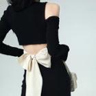 Long-sleeve Cold Shoulder Bow-back Knit Sheath Dress