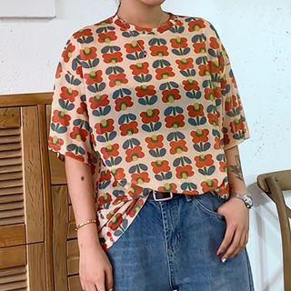 Elbow-sleeve Flower Print T-shirt As Shown In Figure - One Size