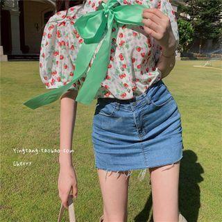 Strawberry Print Puff-sleeve Blouse Green - One Size
