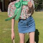 Strawberry Print Puff-sleeve Blouse Green - One Size