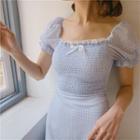 Gingham Lace Trim Square-neck Puff-sleeve Mini A-line Dress