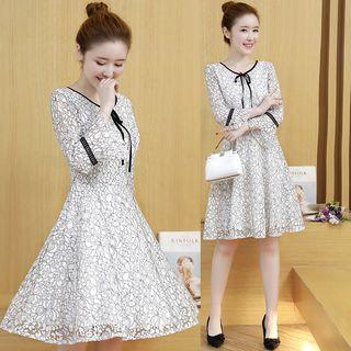 Contrast Trim Tie-neck Lace A-line Dress